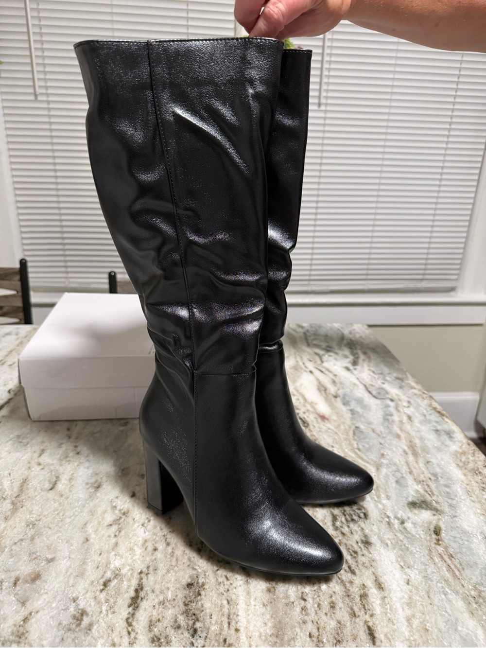 EU 38 Black Knee High Block Heel Boots